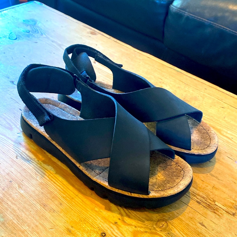 Camper X-strap sandals, black leather